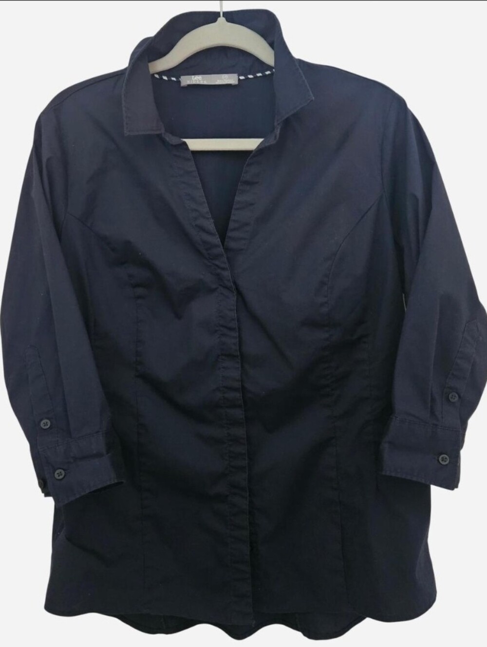 Lee Riders Dark Blue Button Front Shirt Size L Large Stretch Cotton Blend V-Neck